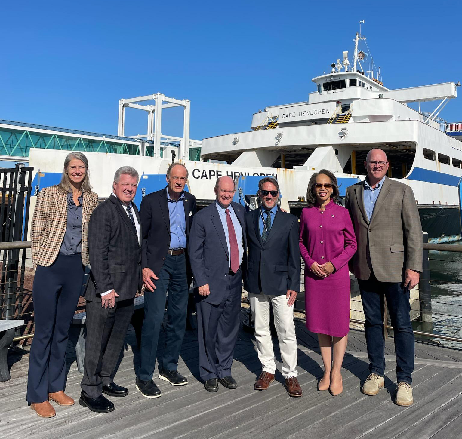 Senators Carper and Coons, as well as US Representative Blunt Rochester tout proposed new ferry vessel as a $20 mil Federal grant was announced on October 23 2024 in Lewes DE at the Lewes Ferry Terminal