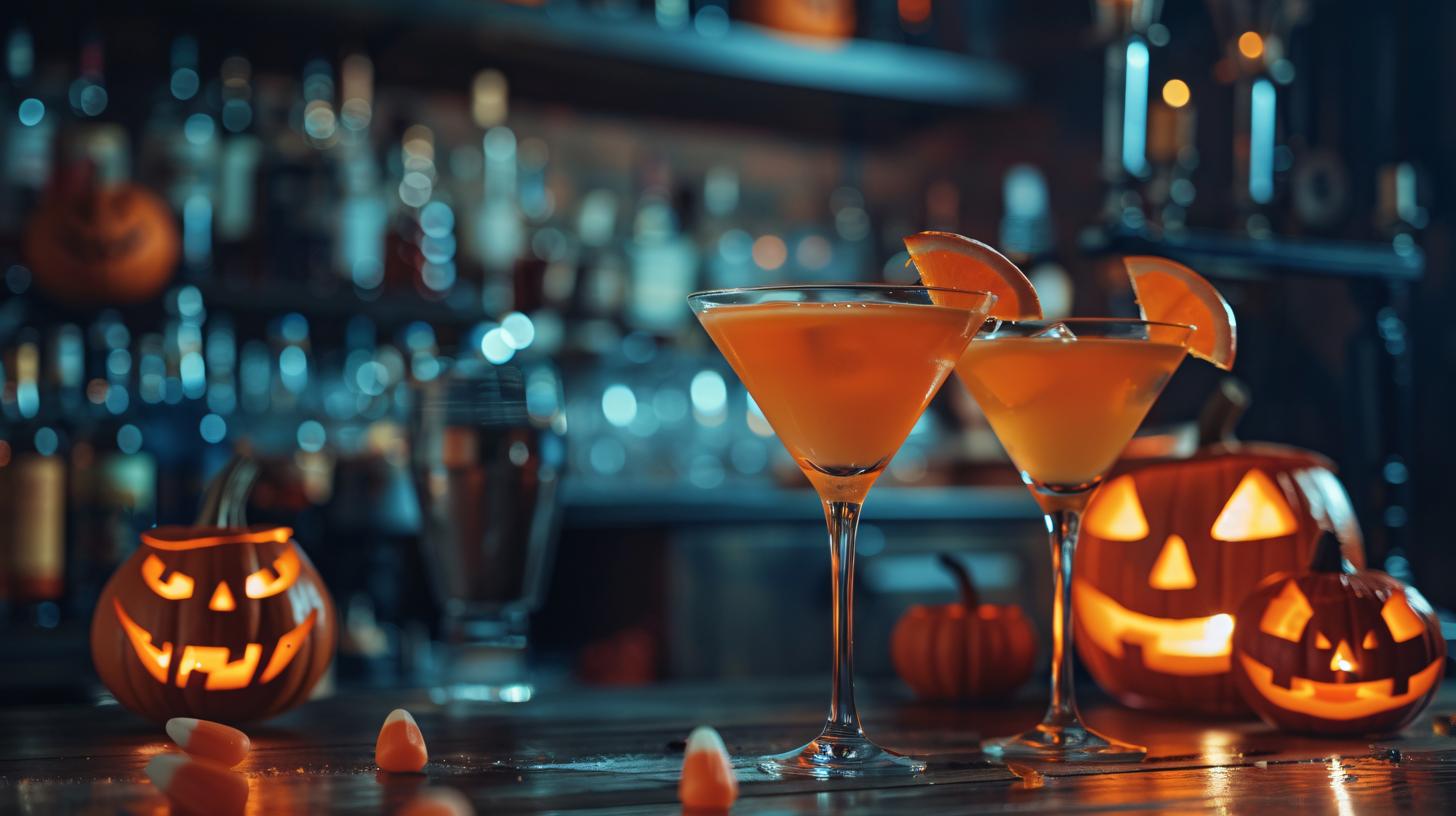Bar top with a jack-o-lantern and halloween-themed, orange drinks in martini glasses