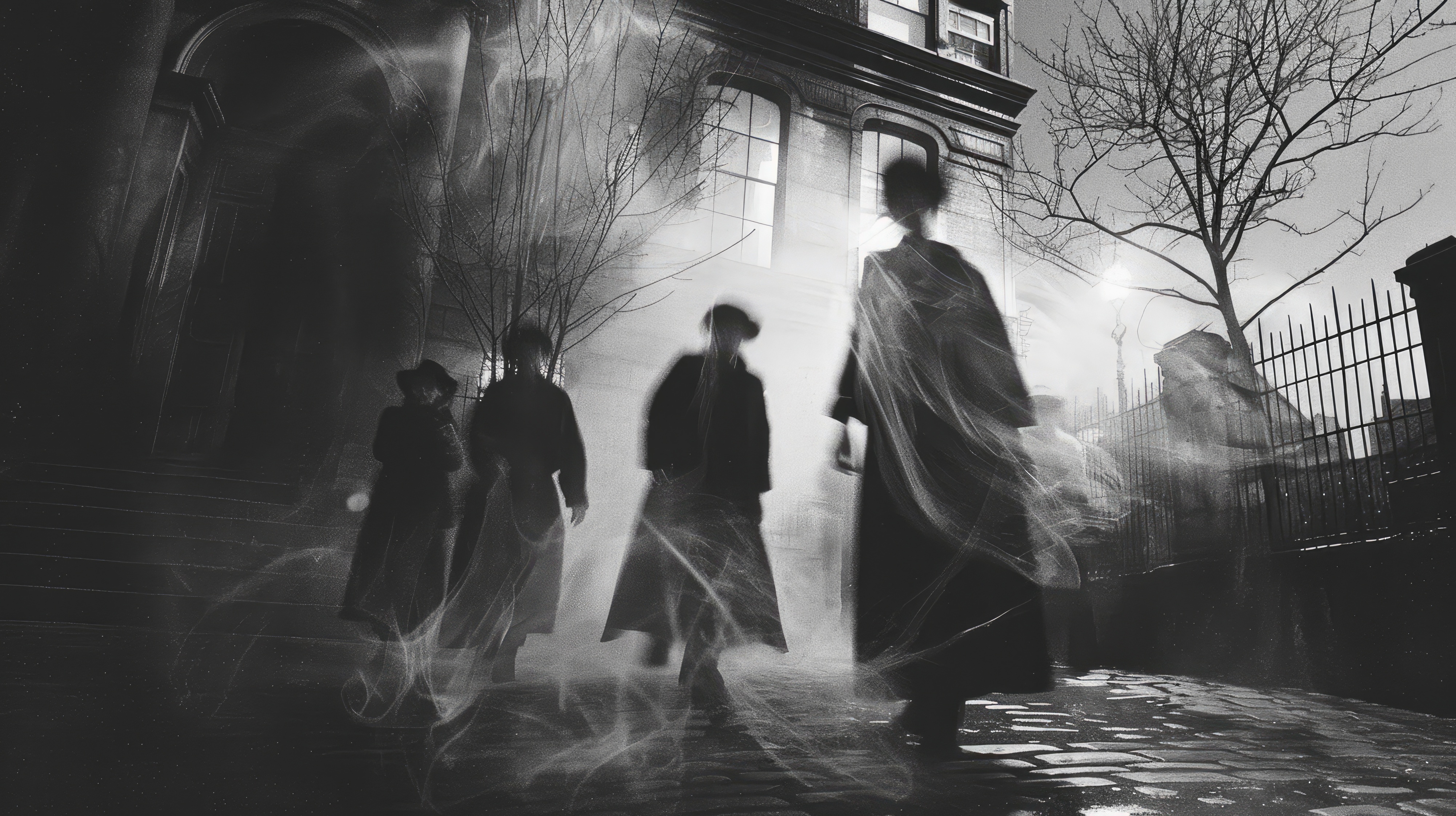 Fog and spooky black figures outside of a haunted house