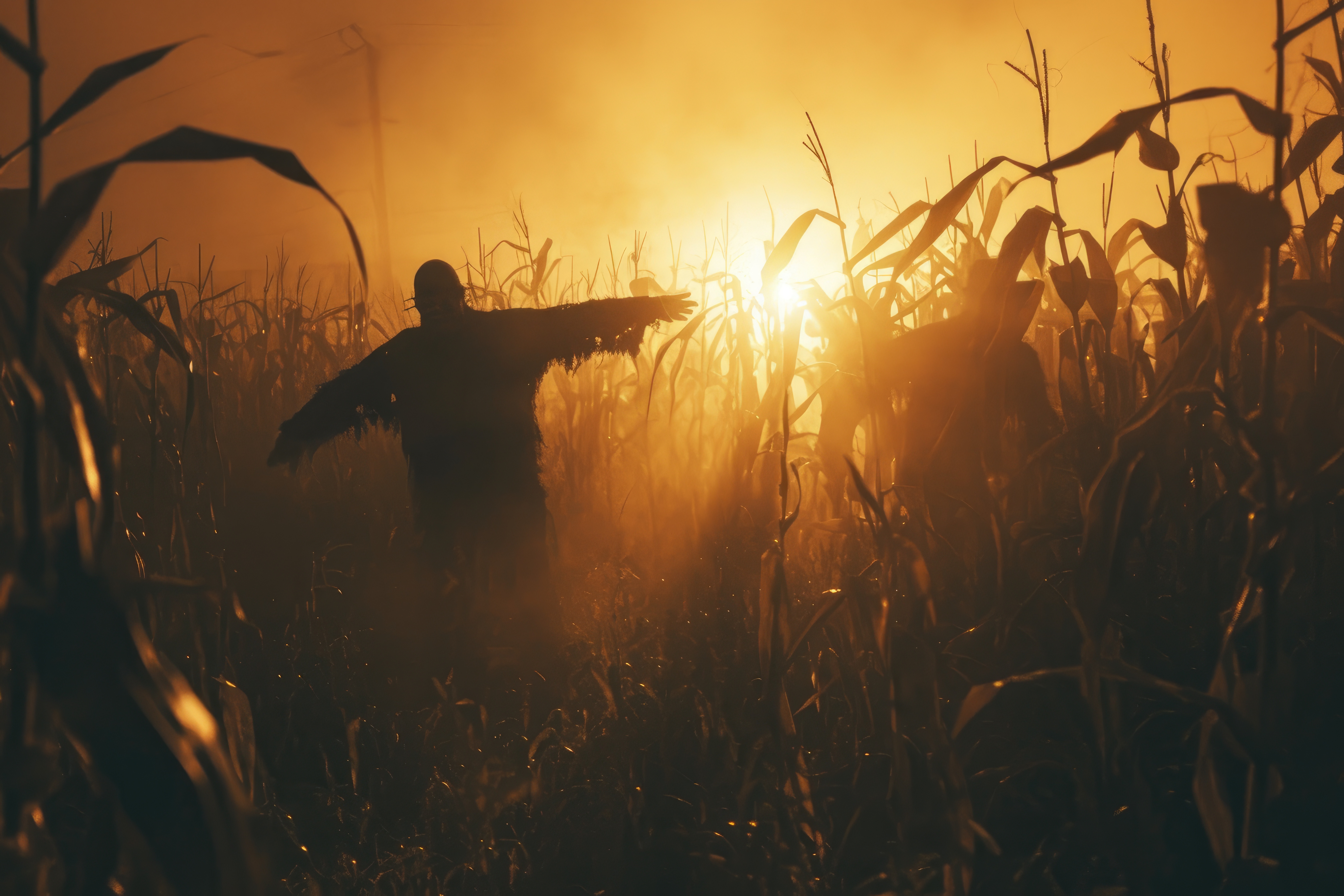 Spooky scarecrow in a foggy corn maze during sunset/sunrise