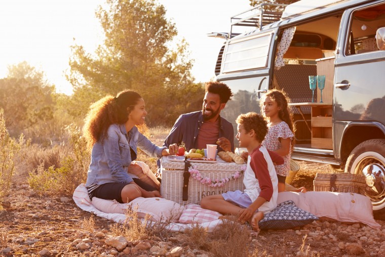 Family picnicking by the side of the road with their van