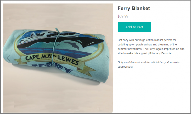 Blue Ferry Blanket with the Cape May-Lewes Ferry logo