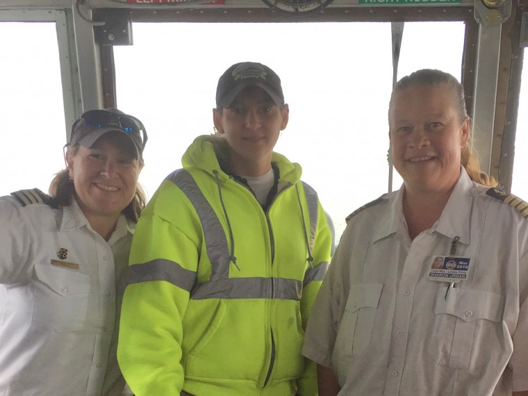 First all female bridge crew to sail across the bay - Captain Sharon Urban, Pilot Melissa Velli, and Helmsman Paulette NIchols. i