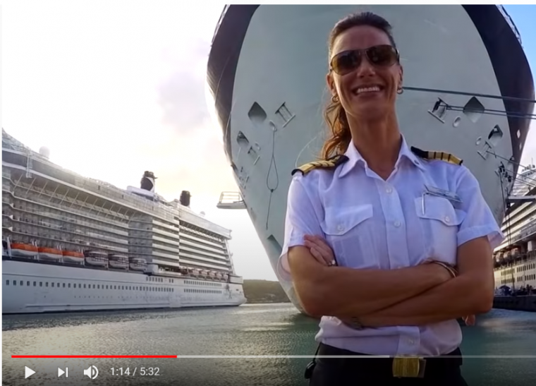 Photo link to YouTube video on Kate McCue, first female American cruise ship captain.