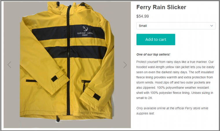 yellow ferry rain slicker as displayed in the Cape May-Lewes Ferry online store