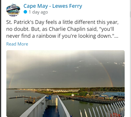 picture of a rainbow over the Cape May-Lewes Ferry