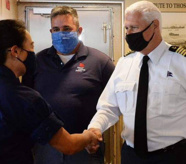 Coast Guard congratulates crew of the Cross Sound Ferry Cape Henlopen for a water rescue August 2020