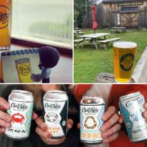 Collage of photos of beer cans and a glass of beer and a beer tap