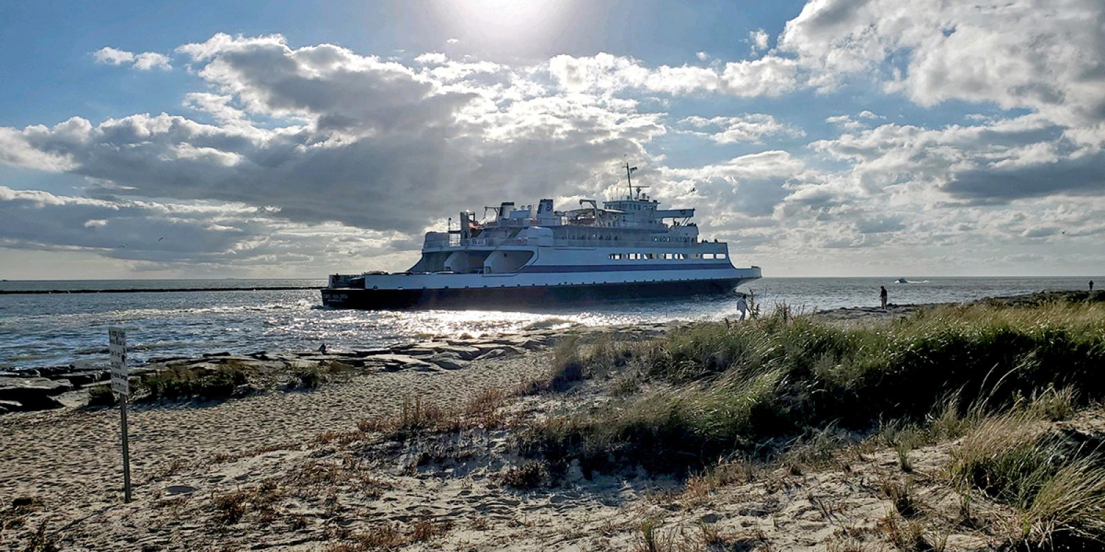 The Cape May-Lewes Ferry departs from the Cape May terminal and sails into the Delaware Bay on a sunny fall afternoon