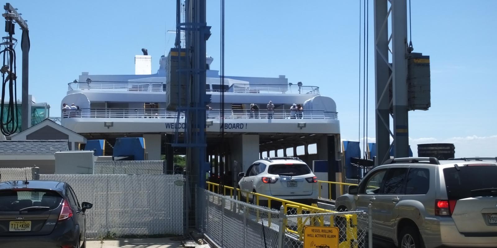 cars driving on to the Cape May-Lewes Ferry