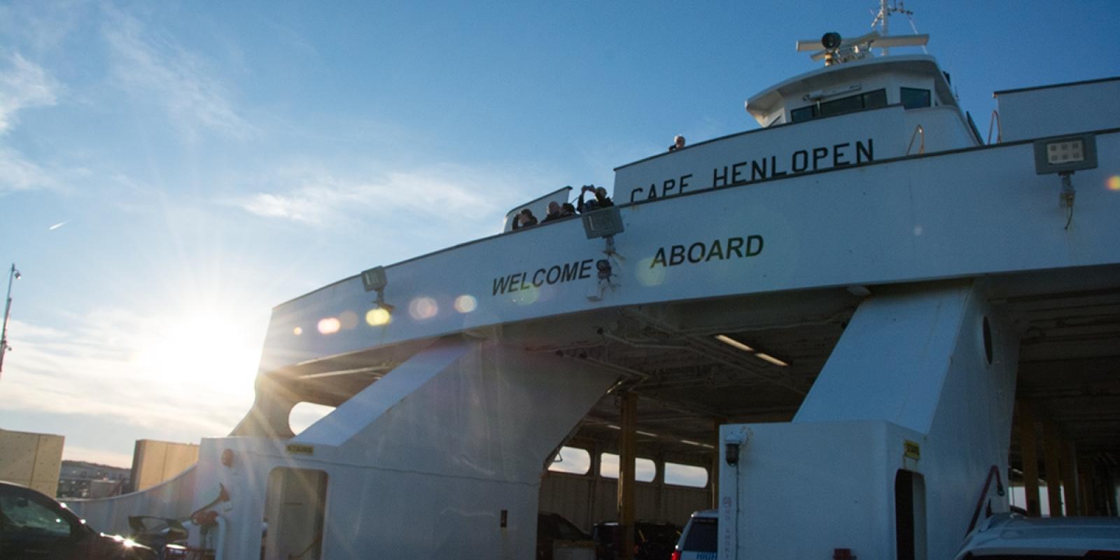 Passengers looking out over the bay aboard the M/V Cape Henlopen, part of the Cape May-Lewes Ferry fleet