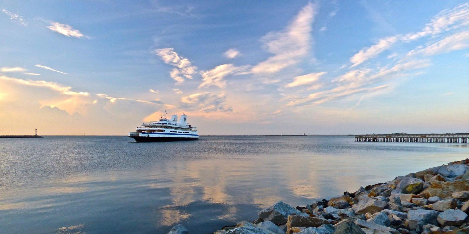 Ferry in the bay at sunset