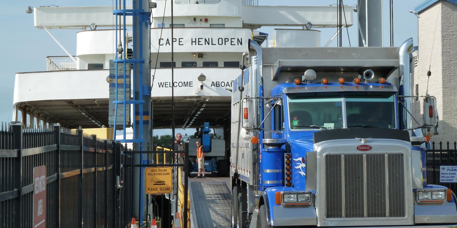 A Tractor Trailer departs the Cape May Lewes Ferry after crossing