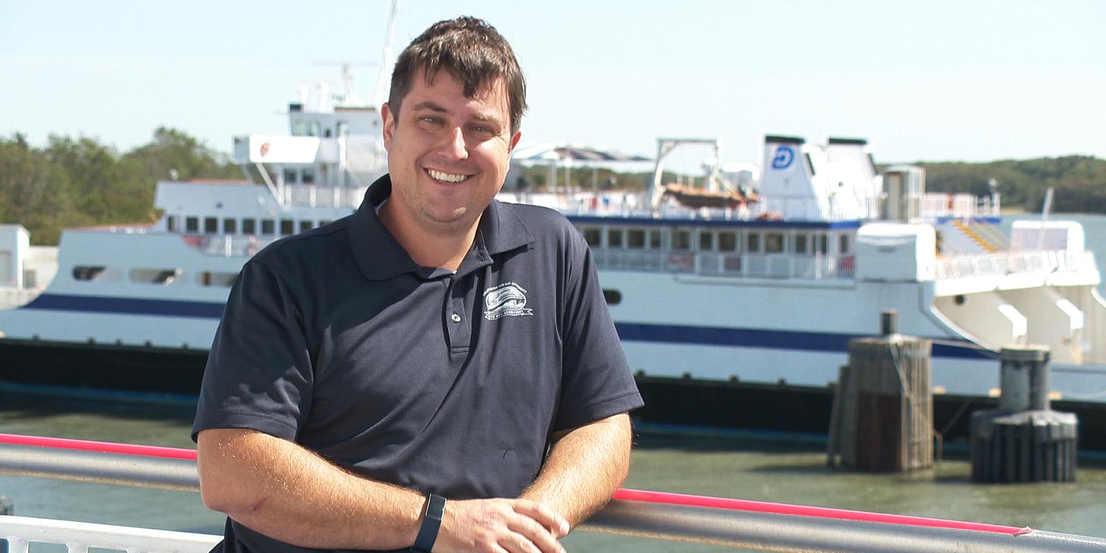 Jeff Robert, Port Engineer, Cape May-Lewes Ferry on the 03 deck of the M/V Delaware. The M/V Cape Henlopen is in the distance. 