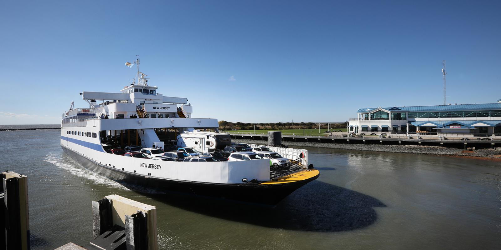 The M/V NJ arrives at the dock of the Cape May terminal