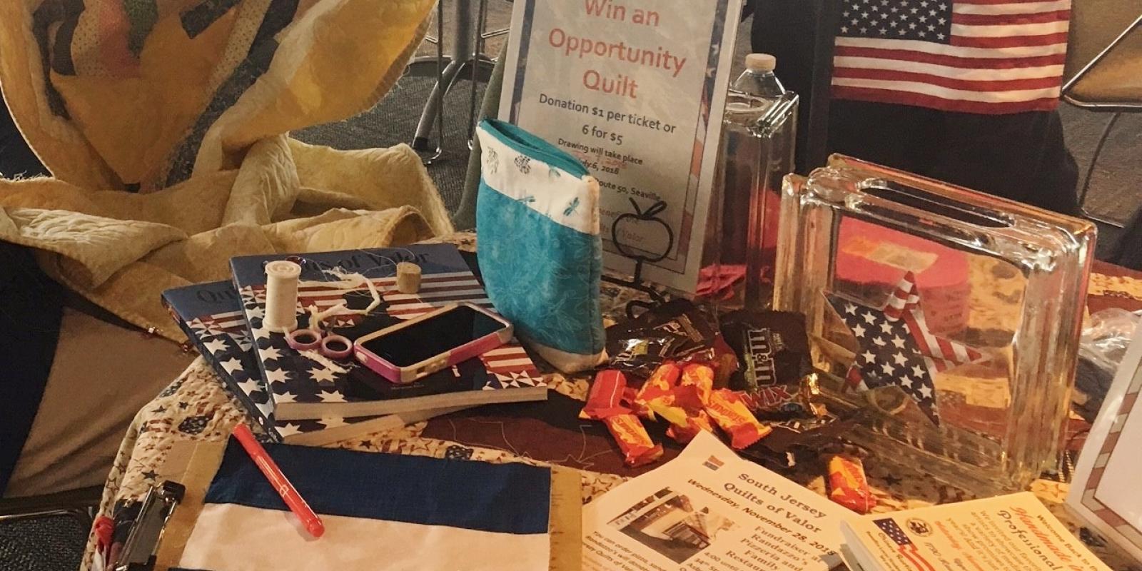 welcome table for Quilts of Valor meeting at the Cape May Ferry terminal