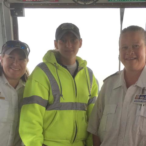 First all female bridge crew to sail across the bay - Captain Sharon Urban, Pilot Melissa Velli, and Bosun Paulette NIchols. 