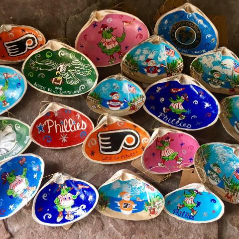 Custom-painted Surf Clam Christmas ornaments