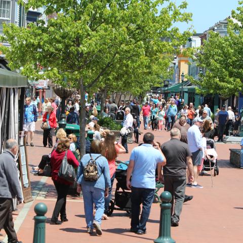 Busy summer scene of Washington Street Mall Cape May