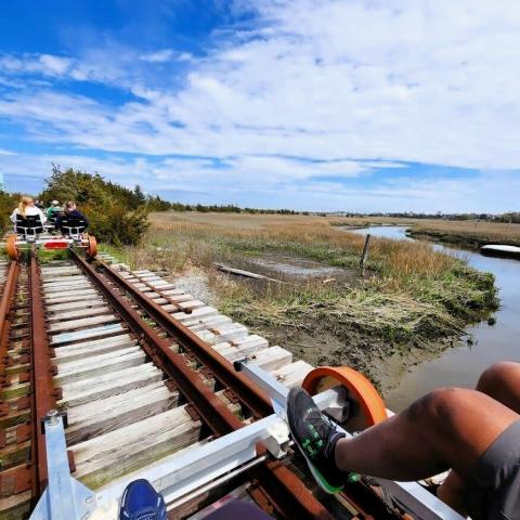 Rider Point of View of the rail tacks going over the marsh