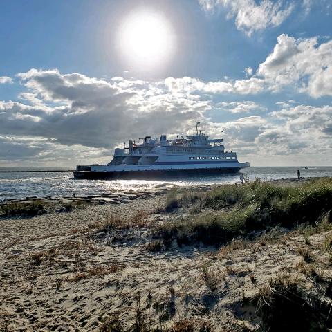 The Cape May-Lewes Ferry departs from the Cape May terminal and sails into the Delaware Bay on a sunny fall afternoon