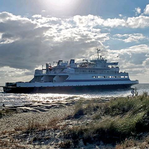 The Cape May-Lewes Ferry departs from the Cape May terminal and sails into the Delaware Bay on a sunny fall afternoon