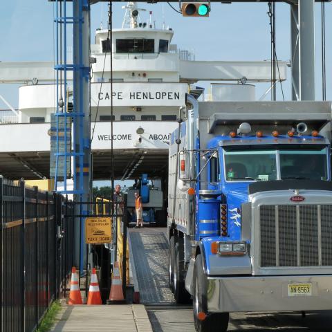 A Tractor Trailer departs the Cape May Lewes Ferry after crossing