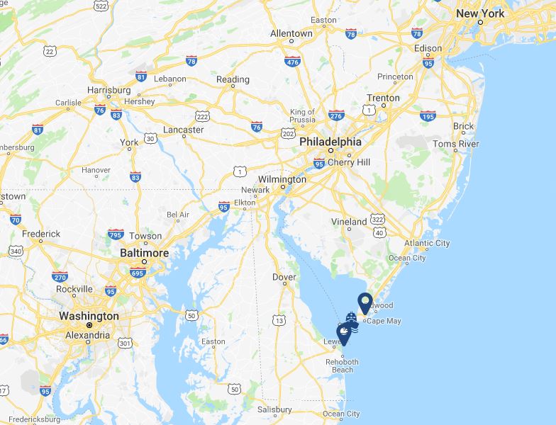 Cape May Lewes Ferry google map image with markers