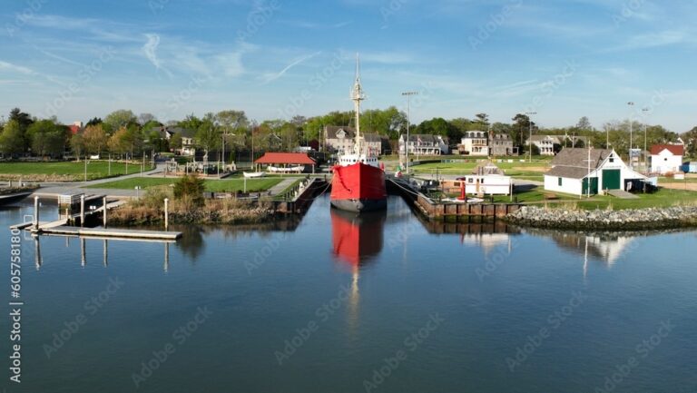 A red lightship permanently docked along the Lewes canal, reflected in calm water, with historic buildings and green lawns visible along the shoreline.