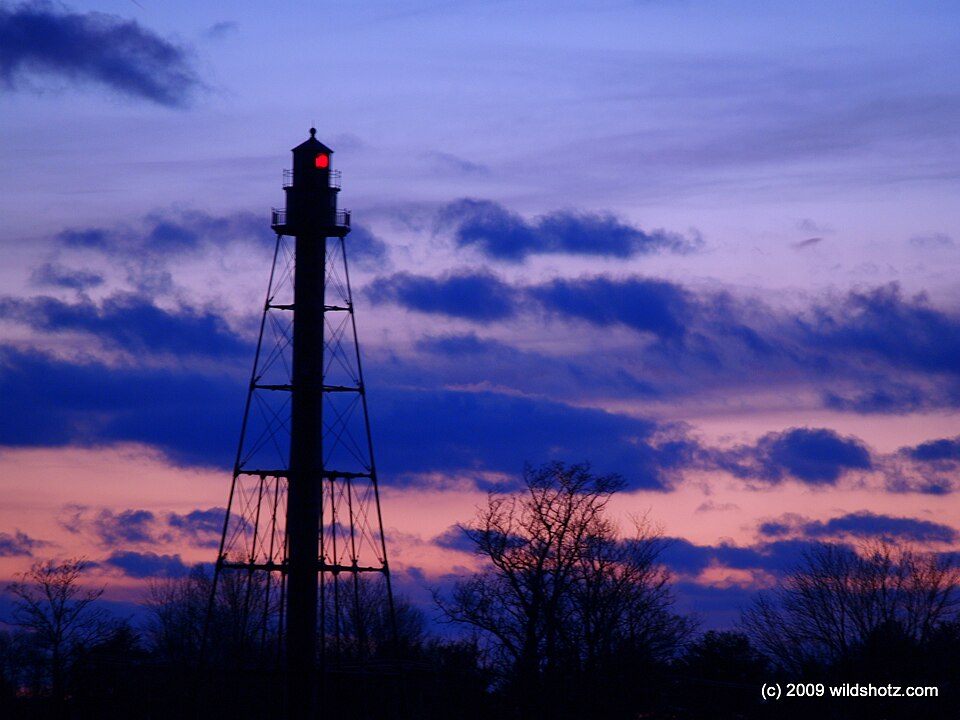 Skeletal iron lighthouse tower silhouetted against the sky, with bare tree branches at the base. Photo by Larry Wilder from Port Penn DE, USA, (https://commons.wikimedia.org/wiki/File:Reedy_Island_Rear_Range_Lighthouse_(4260021622).jpg) CC BY 2.0 (https://creativecommons.org/licenses/by/2.0) , via Wikimedia Commons.