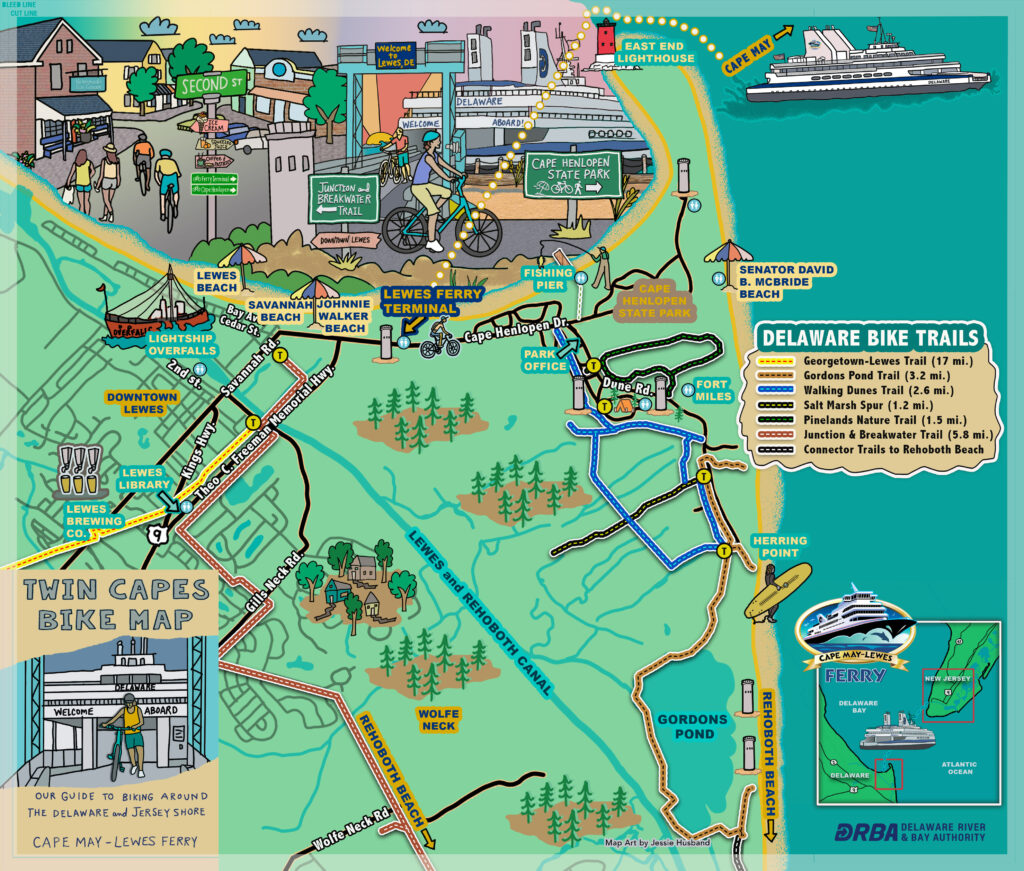 Illustrated Lewes, DE bike trail map including the Lewes Ferry Terminal, Cape Henlopen State Park bike trails, the Georgetown-Lewes Trail, and connector routes to Rehoboth Beach.