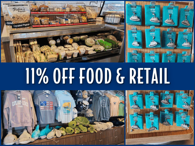 graphic that says "11% off food and retail" with pictures of clothes hanging in the Ferry gift shop, charms, and a refrigerated assortment of food