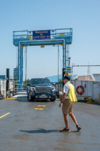 A truck loads onto the Ferry car deck in Cape May with the direction of the Ferry crew