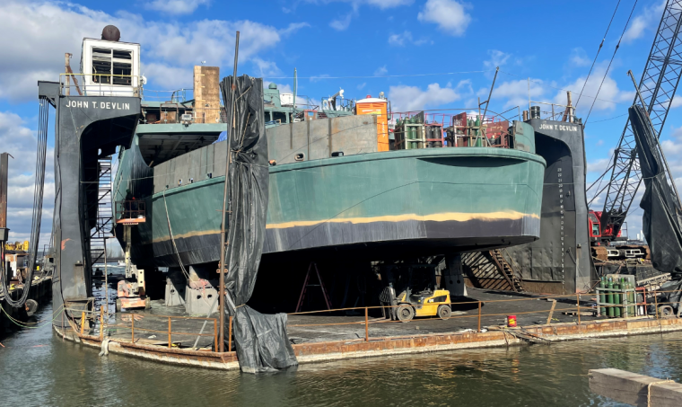 MV NJ showing various undercoats of paint in dry dock 2021