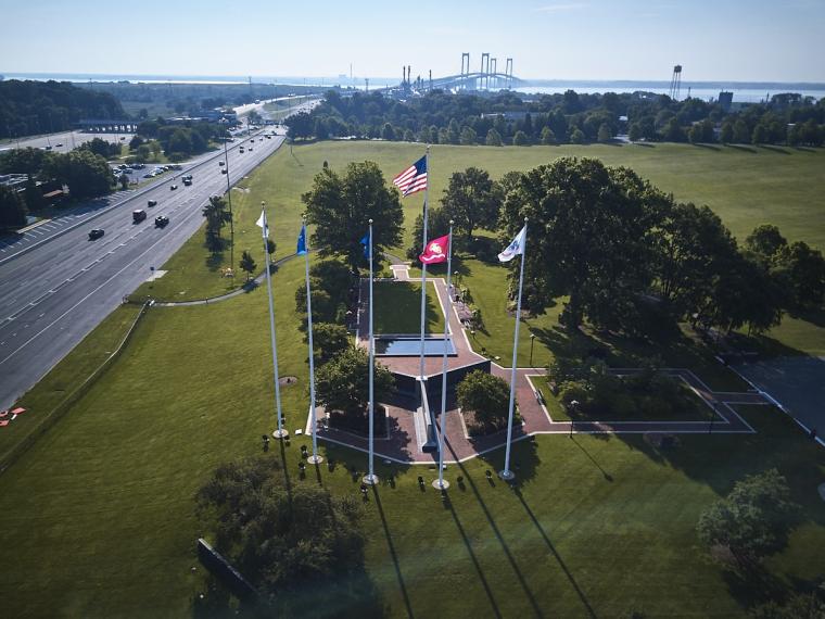Aerial photo of Veteran's Memorial Park at the Delaware Memorial Bridge