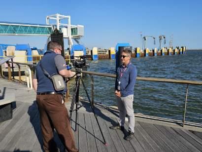 Director of Ferry Operations. Heath Gehrke, is interviewed by the media about the milestone 50,000,000th Passenger on the Cape May-Lewes Ferry