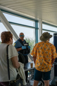 Passengers clear a security check while others wait to get on the Cape May - Lewes Ferry via the Skywalk from the Lewes Ferry Terminal