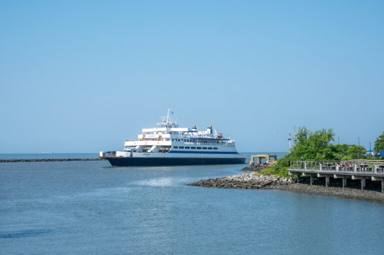 The Cape May - Lewes Ferry vessel MV New Jersey sails into Cape May after crossing Delaware Bay from Lewes Delaware.
