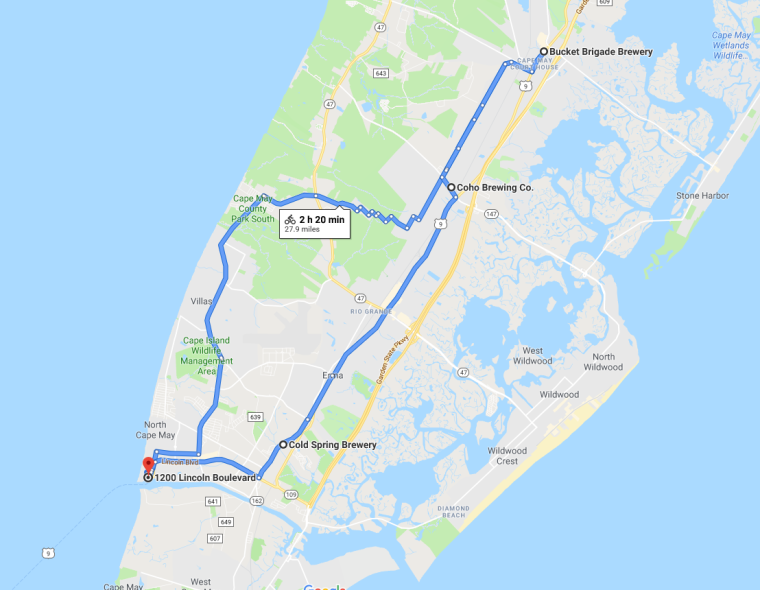 Map of Bike Tour from Cape May Terminal to Bucket Brigade Brewery