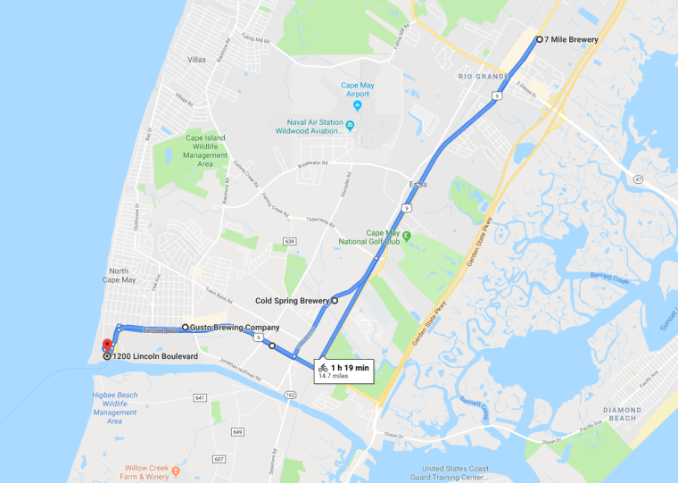 Map of Bicycle Tour from Cape May Terminal to 7 Mile Brewery