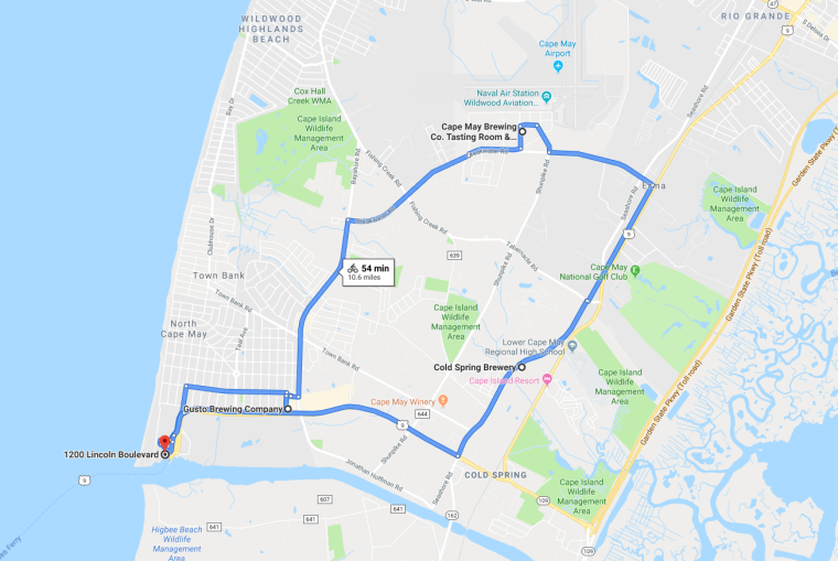 Map of Bicycle Tour from Cape May Terminal to Cape May Brewing Company