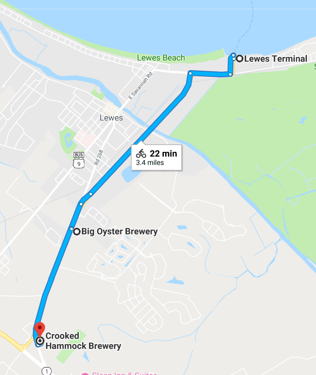 Map of the cyclist short tour of Lewes from the Cape May - Lewes Ferry