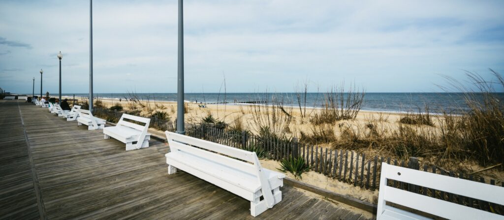 Benches face the ocean on Rehoboth Beach Boardwalk