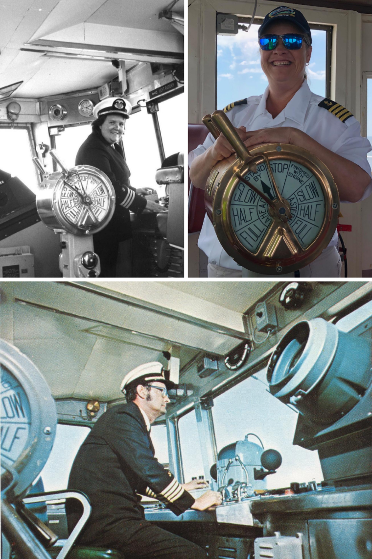 collage of first ferry captains, LInda Douglas - first female ferry captain 1991, Billy Ray Phillips - first ferry captain 1964, and Sharon Urban - first permanent female captain 2020.