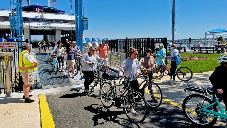 Passengers disembarking the Cape May-Lewes Ferry with bicycles