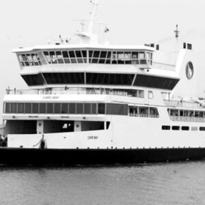 Black and white side profile of a Cape May-Lewes Ferry vessel, featuring the pilot house and upper decks, emphasizing the boat's design and scale.