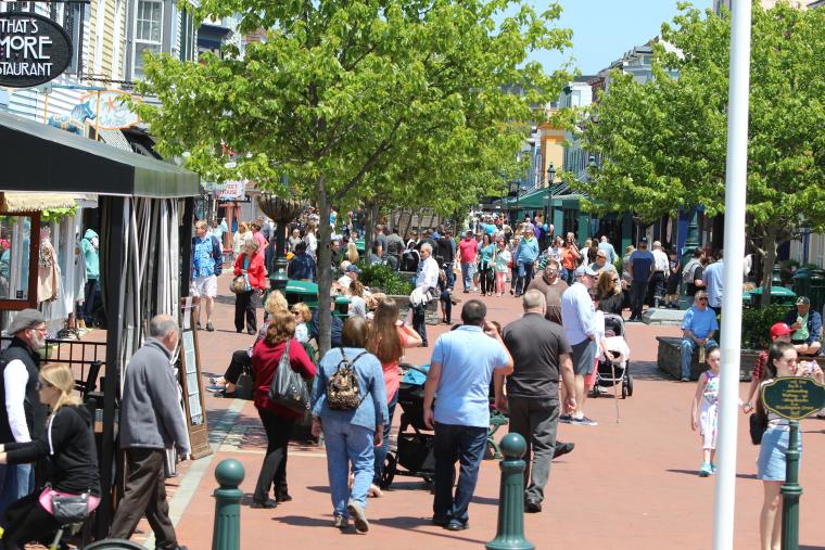 Busy summer scene of Washington Street Mall Cape May