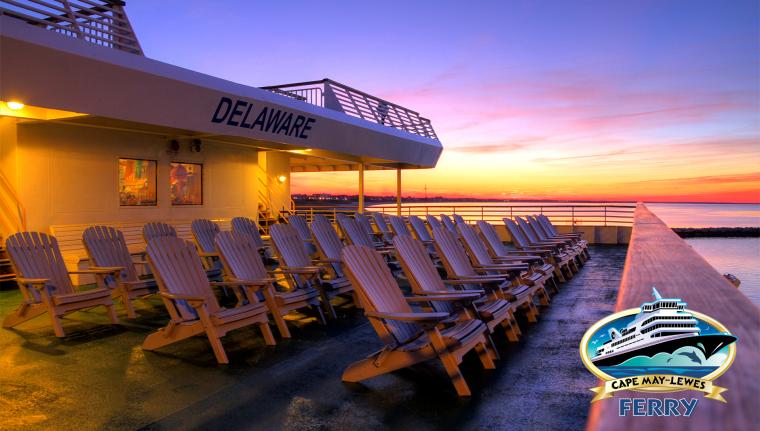 Sunset view of the 2nd deck on the MV Delaware with adirondack chairs lined up
