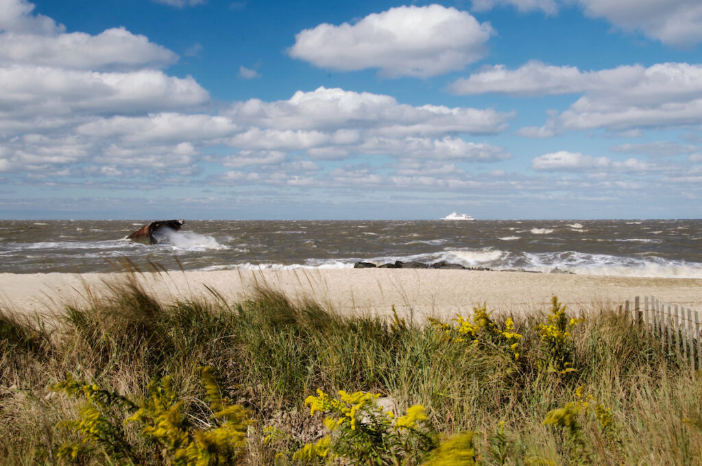 Cape May NJ beach in the fall. The picture shows long grass blowing in the heavy winds in the foreground, with the wreckage of the SS Antlanus and a distant cruise ship in the stormy waters.