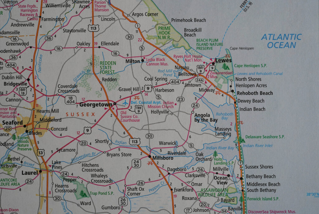 Map of Sussex County Delaware including the Delaware Beaches
